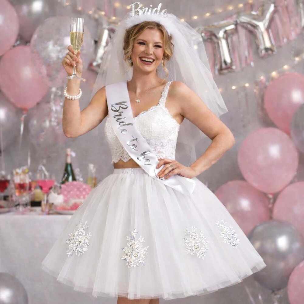 White Bridal Tulle Tutu Skirt Knee Length Lace Appliqués Pearls Beads OS